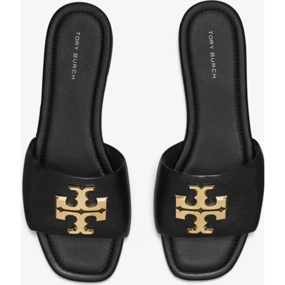 Tory Burch Eleanor Leather Slides Gold Hardware Black Size 6.5 - Picture 1 of 16